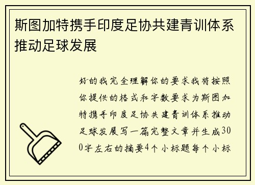 斯图加特携手印度足协共建青训体系推动足球发展